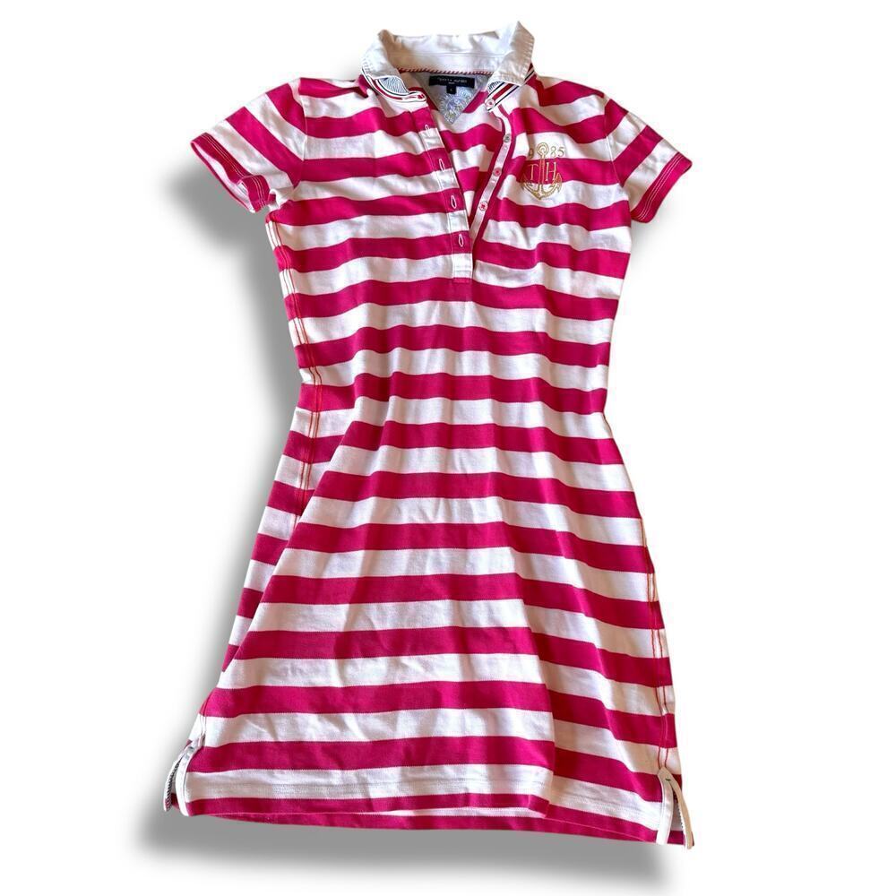Tommy Hilfigure Y2k Polo shirt dress striped preppy sz Small womens pink white S